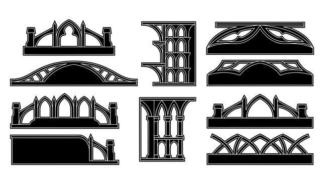 Collection of black and white gothic medieval panel silhouettes. Architectural header and sidebar frame vectors for stream overlay GUI interface design