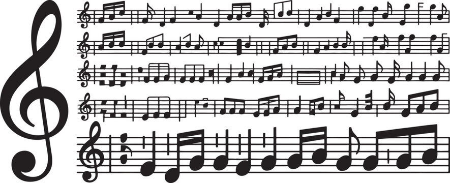 Music Notes Staff Vector Set with Treble Clef and Black Eighth Notes for Rhythm and Composition Design