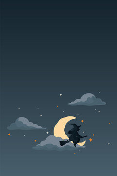 The silhouette witch flew on broomstick past the crescent moon with night sky vertical background have blank space.