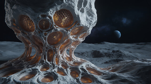 Surreal, dreamlike, alien landscape, space scene, futuristic terrain, orange and gray hues
