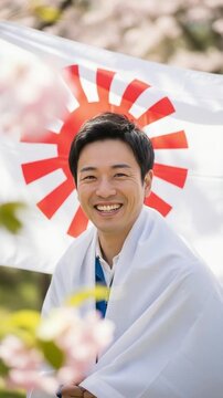 Smiling Japanese man in traditional white happi coat with rising sun flag and cherry blossoms, representing cultural pride and spring festival