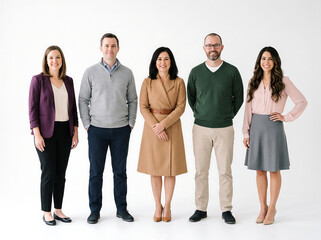 Obraz premium Five human resources professionals in warm approachable business attire standing in line on white background
