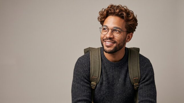 Smiling man wearing a textured sweater and glasses with a backpack in a studio portrait setting
