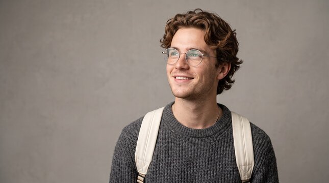 Young man wearing eyeglasses and a sweater looking away against a neutral grey studio background