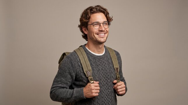 Smiling man wearing a textured sweater and glasses with a backpack in a studio setting