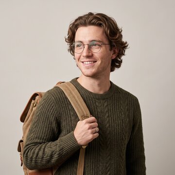 Young man wearing eyeglasses and a sweater with a backpack standing in a studio, smiling portrait