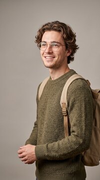 Smiling young man wearing eyeglasses and a green sweater with a backpack in a studio portrait