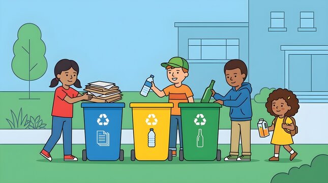 Flat vector illustration of elementary school children sorting paper, plastic bottles, glass bottles, and recyclable waste into color-coded recycling bins at school. Perfect for environmental educatio