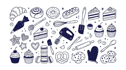 Bakery doodle vector set, hand-drawn pastry and baking tools collection, sweet dessert illustrations for menus and recipe designs © Ambreen