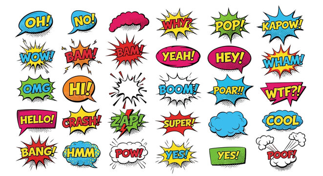 A vibrant collection of colorful speech bubbles and comic book style text effects are presented on a white surface.