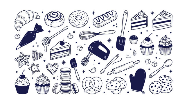 Bakery doodle vector set, hand-drawn pastry and baking tools collection, sweet dessert illustrations for menus and recipe designs