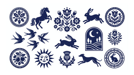 Folk Art Animal and Floral Vector Icon Set. Traditional Scandinavian and Eastern European Inspired Decorative Elements. Stylized Nature Motifs for Branding and Design. © Ambreen