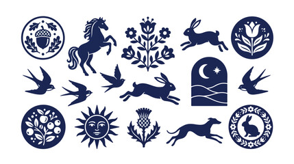Celtic folk art inspired navy blue animal and nature vector icon set, featuring horses, hares, swallows, and floral motifs. Traditional decorative elements for branding and design projects. © Ambreen
