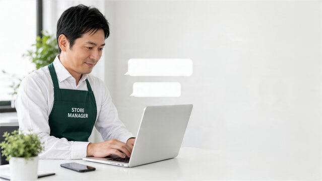 ノートパソコンで口コミ返信を作成する日本人男性店主