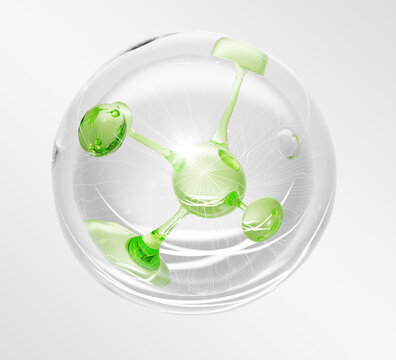 3D green molecule in transparent liquid bubble. Aloe vera gel cream drop, matcha tea moisture serum, olive oil cleanser, herbal shampoo. Natural cosmetic ball sphere for skin care. 3D illustration
