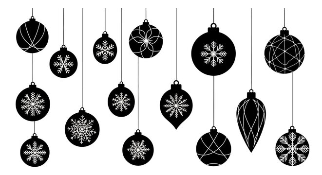 Black and white christmas ornaments with snowflakes hanging with strings white background collection black decorations spherical isolated with teardrop