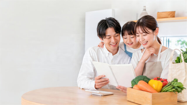 家族で食材とレシートを確認する食費管理のシーン