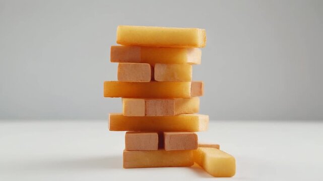 Stacked Rectangular Blocks Balancing in a Tall Tower on White Surface