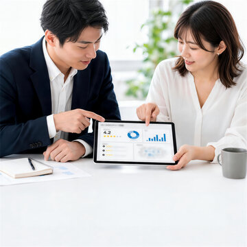 タブレットのレビュー分析を確認する日本人ビジネスパーソン
