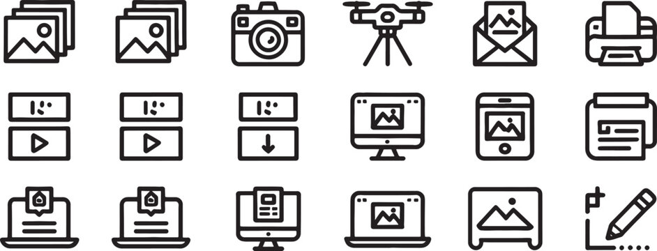 Icons Set of Photo, Camera, Monitor, Envelope, Printer, and Pencil with Simple Line Art for Digital Communication