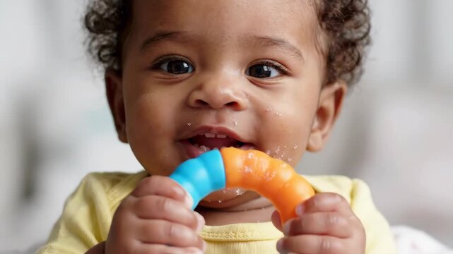 Baby infant chewing colorful plastic teething ring toy close up with joyful expression drool curiosity comfort bright eyes curly hair natural light
