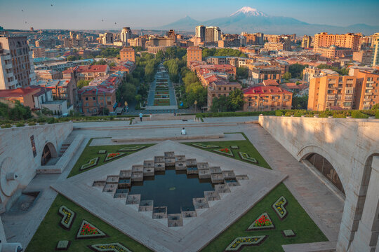 Yerevan Cascade terrace view with Opera house and mount Ararat at sunset with copy space