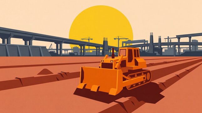 Heavy orange dozer clearing construction site near bridge overpass infrastructure
