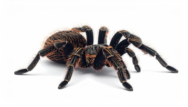 Detailed close-up of a tarantula spider against a white background.