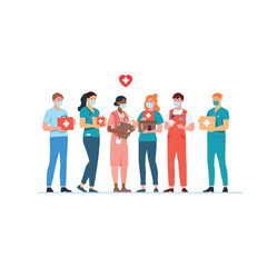 Obraz premium Diverse Healthcare Team Holding First Aid Kits and Medical Supplies Flat Vector Illustration