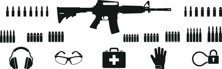  Military rifle and shooting range equipment black silhouette icons set isolated on white background © SREE NOMITA RANI 1