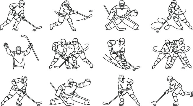 Ice hockey player and goalie line art icon set featuring skating shooting defense fighting celebratory poses and athletic team championship action concepts vector