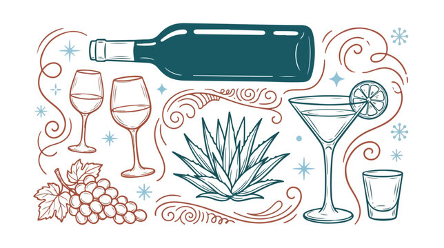 Vintage hand drawn alcohol set with wine bottle, martini glass and agave plant. Retro beverage vector illustration with grapes and shot glass. Bar menu graphics.