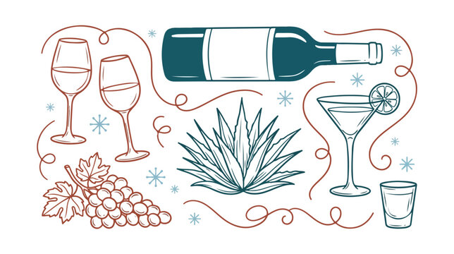 Vintage line art alcohol icons, wine bottle and glasses with grapes, tequila agave and cocktail vector illustration, bar menu graphics