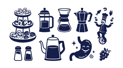 Vintage restaurant icons set, navy blue culinary illustrations with seafood tower and coffee makers, hand drawn bistro graphics for menu design © noor