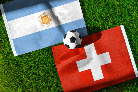 Argentina vs Switzerland, Quarterfinals, national flags before international football match, football on green grass with stadium in the background, Arrowhead Stadium, Kansas City, July 11, 2026.