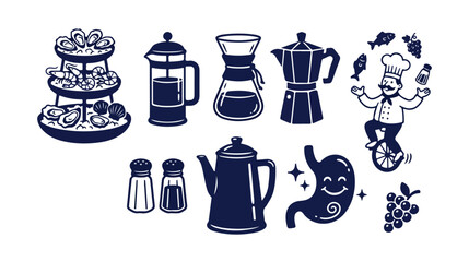 Vintage restaurant icons set, hand drawn coffee makers and seafood platter vectors, culinary chef and healthy stomach illustrations © noor