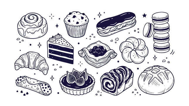 Hand drawn bakery pastry collection, vintage line art dessert icons, set of 12 sweet bread and cake vector illustrations for cafe menus