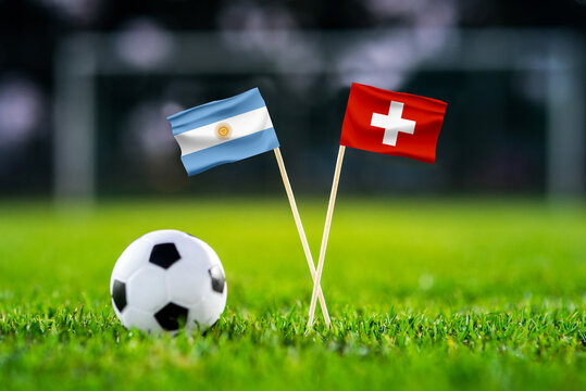 Argentina vs Switzerland, Quarterfinals, national flags before international football match, football on green grass with stadium in the background, Arrowhead Stadium, Kansas City, July 11, 2026.