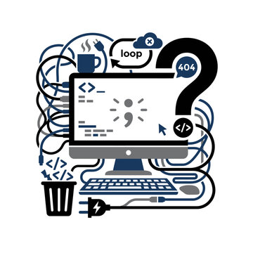 Vector illustration of computer coding errors and tangled cables
