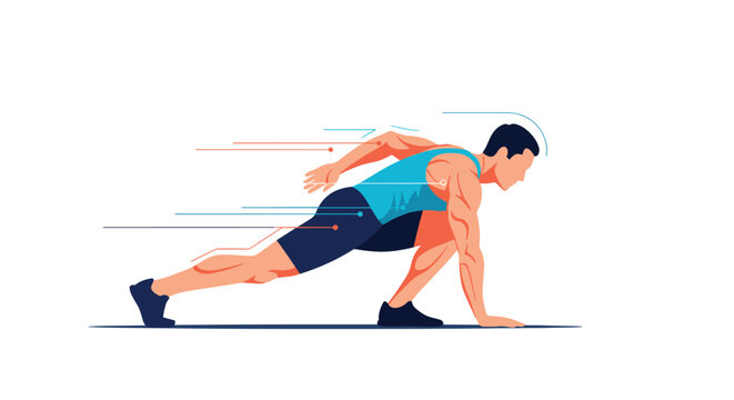 Muscular male runner in starting position preparing to sprint fast with dynamic motion lines on white background.