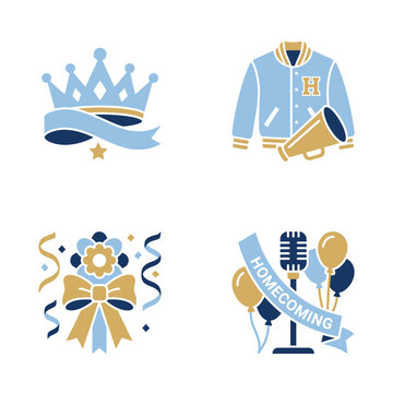 Flat vector icons representing high school homecoming events
