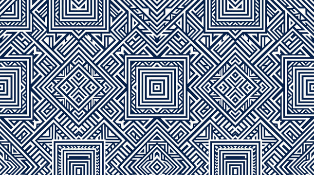 Seamless geometric pattern with blue and white tribal lines