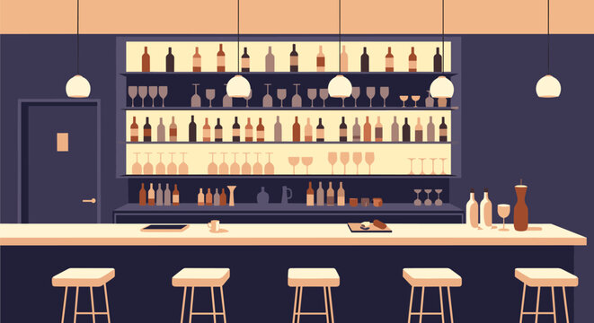Cozy empty bar interior with a wooden counter, high stools, warm hanging lamps, and rows of bottles on shelves.
