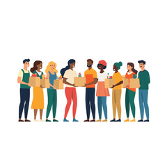 Obraz premium Diverse Community Volunteers Distributing Food Donation Boxes Together Flat Vector Illustration