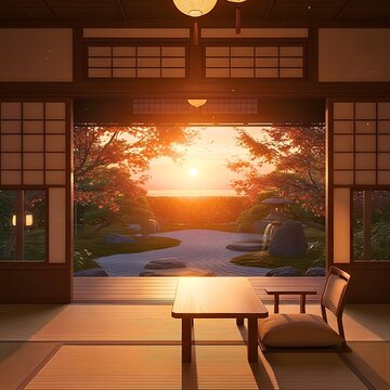 Traditional Japanese Room with Tatami Mats and Wooden Veranda Looking Out over a Zen Garden at Sunset, Autumn Maple Trees, Beautiful Sunrise and Zen Interior Design 3D Render