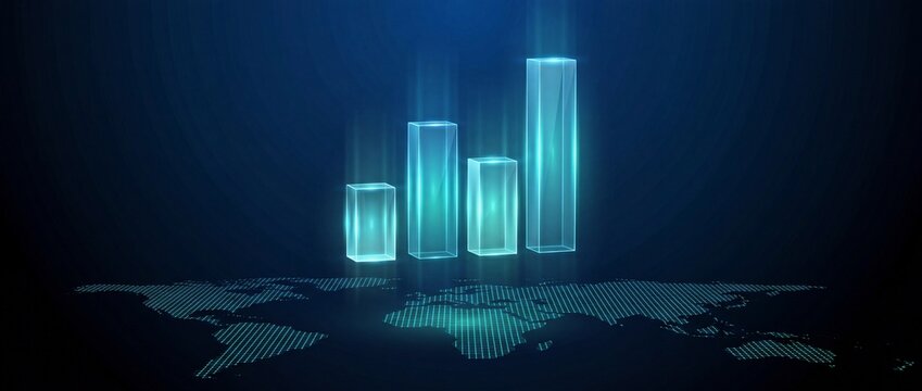 Digital bar chart with glowing light pillars over a futuristic global map