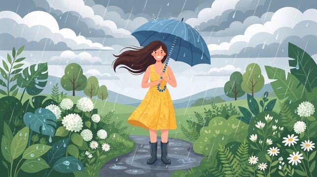 Happy woman with a blue umbrella stands in a rainy park.
