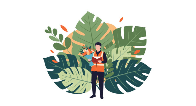 Courier in orange safety vest holding a beautiful bouquet of flowers and an envelope in front of tropical leaves.