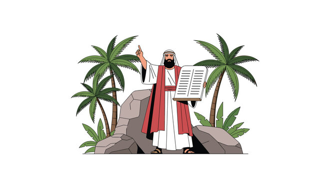 Biblical prophet Moses standing near palm trees and rocks holding the stone tablets of the Ten Commandments.