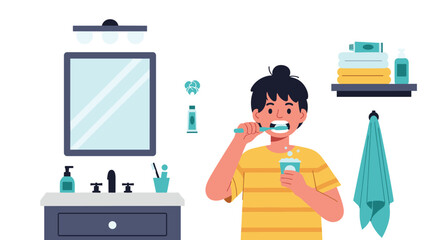 Fototapeta premium Cute young boy brushing his teeth with a green toothbrush in a clean modern bathroom with a big mirror and towel.